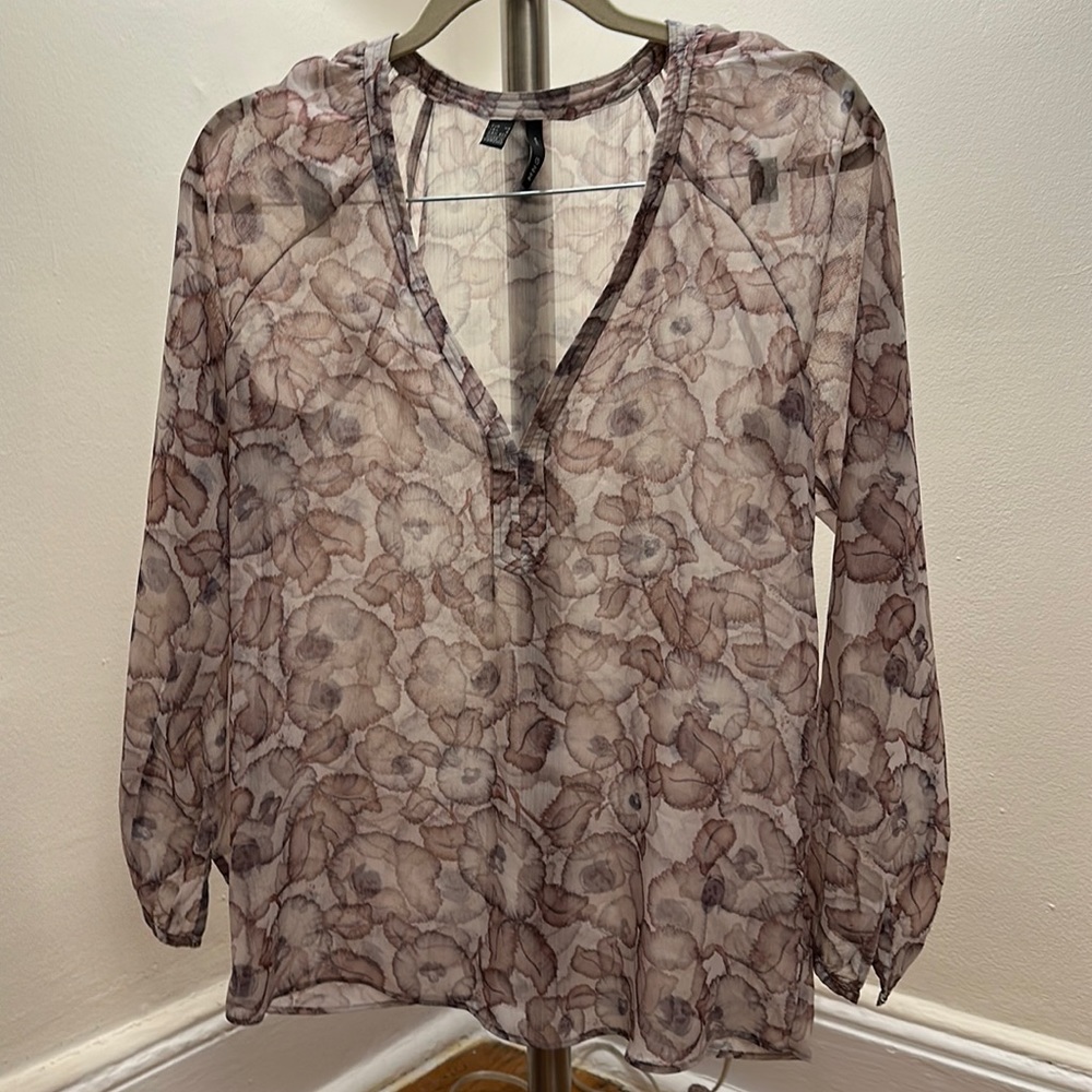 Mango Purple Floral Watercolor Sheer Blouse